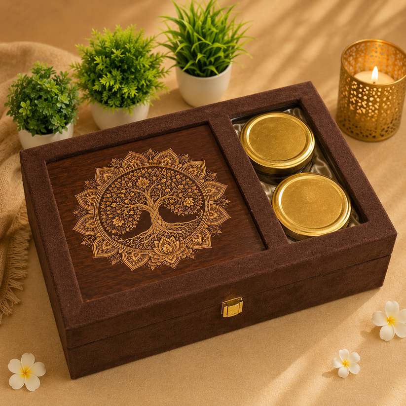 Premium Brown Velvet Dry Fruit & Chocolate Gift Box with 2 Jars