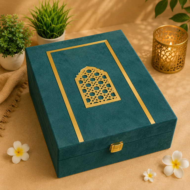 Premium Dark Green Velvet Dry Fruit & Chocolate Gift Box with 2 Jars 