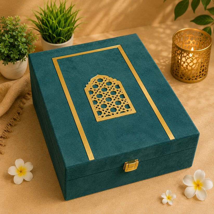 Premium Dark Green Velvet Dry Fruit & Chocolate Gift Box with 2 Jars 