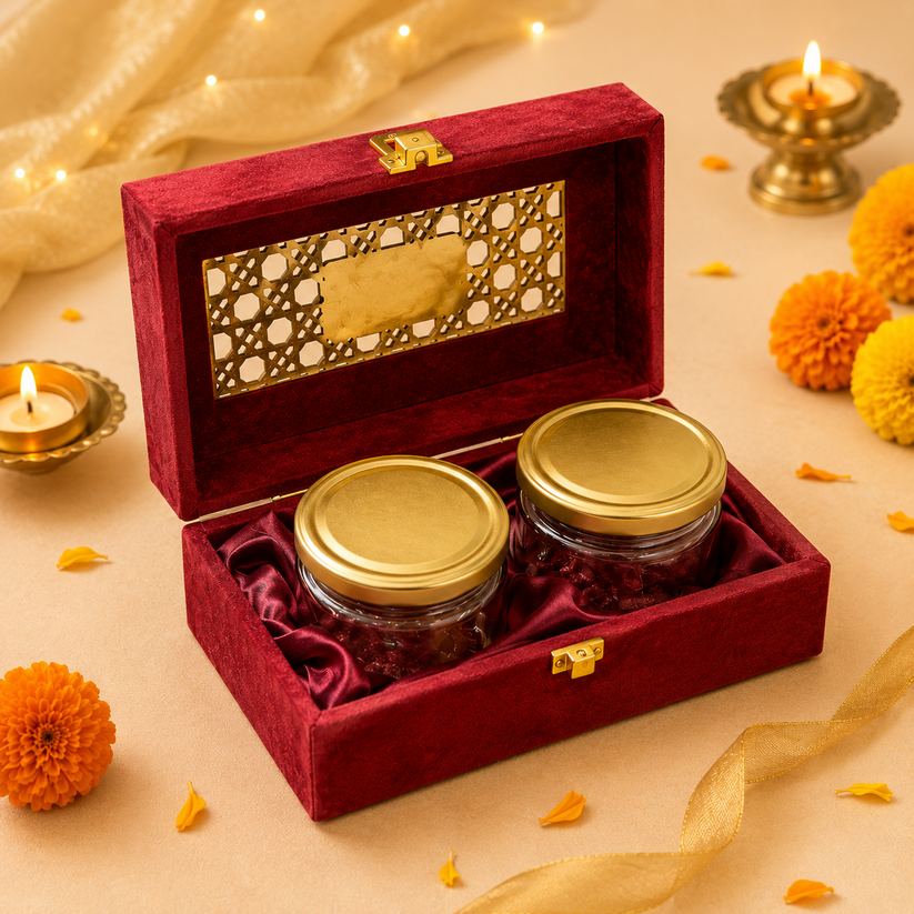 Premium Red Velvet Dry Fruit Gift Box with 2 Glass Jars | 9×5×3.5 Inch