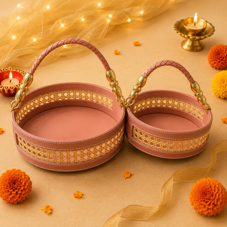 Round Rattan Gift Tray — Peach